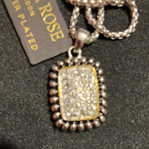 18” Silver Toned Box Chain w/ Studs & Stones on Rounded Square Pendant - Picture 3 of 5